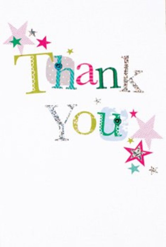 The elegant arrangement of letters on this thank you card brings a quietly exuberant energy, reminiscent of the refined yet vibrant character of Denmark Hill. Each letter offers its own personality: some dance whimsically with dots and playful curves, while others sing with graceful lines and silvery shimmer, together forming a harmonious message on a crisp, white canvas. Scattered around the central phrase, clusters of vivid stars add delight with sparkling pink stripes, deep turquoise hues, and a touch of metallic silver-like gleaming lights illuminating local festivities near Denmark Hill station. The card's composition is airy and modern; the careful sprinkling of stardust uplifts without overpowering, much like a balanced floral bouquet presented by a seasoned denmarkhillflowers.co.uk florist. The mood is at once sophisticated and approachable, welcoming for any age or occasion. Imagining this card nestled beside a vibrant arrangement, it offers gratitude as uplifting as a breath of fresh air drifting through the leafy lanes of Denmark Hill. It's a universally warm gesture-neither too formal nor overly casual-designed to feel at home beside fresh blooms, making each moment of thanks truly memorable.