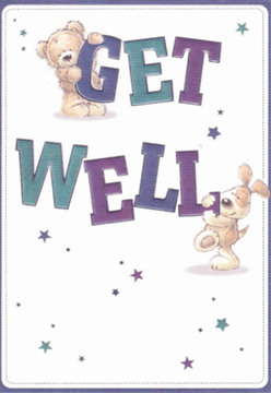This enchanting get well card captures the comforting charm associated with Denmark Hill, blending playful artistry with symbols of heartfelt encouragement. Set against a clean ivory backdrop, a cuddly bear clutches the vibrant top of the word 'GET,' while a floppy-eared puppy nudges the bold 'WELL' below. Their softly textured fur and wide, endearing eyes radiate affectionate support, reminiscent of the tranquil, restorative atmosphere found along Champion Hill or in local gardens. Hues of rich purple and teal in the lettering bring dynamic contrast, standing out confidently as scattered stars in gentle blues and violets sprinkle glimmers of hope across the card. The entire scene is thoughtfully composed, as a Denmark Hill florist might select each bloom in a get well bouquet-every detail meant to soothe, inspire, and brighten even the greyest of days. There is an inviting clarity and emotional depth, not unlike the fresh air from nearby parks, imbued in this artwork; it wraps the recipient in a comforting embrace of sincere wishes for wellness and gentle optimism.